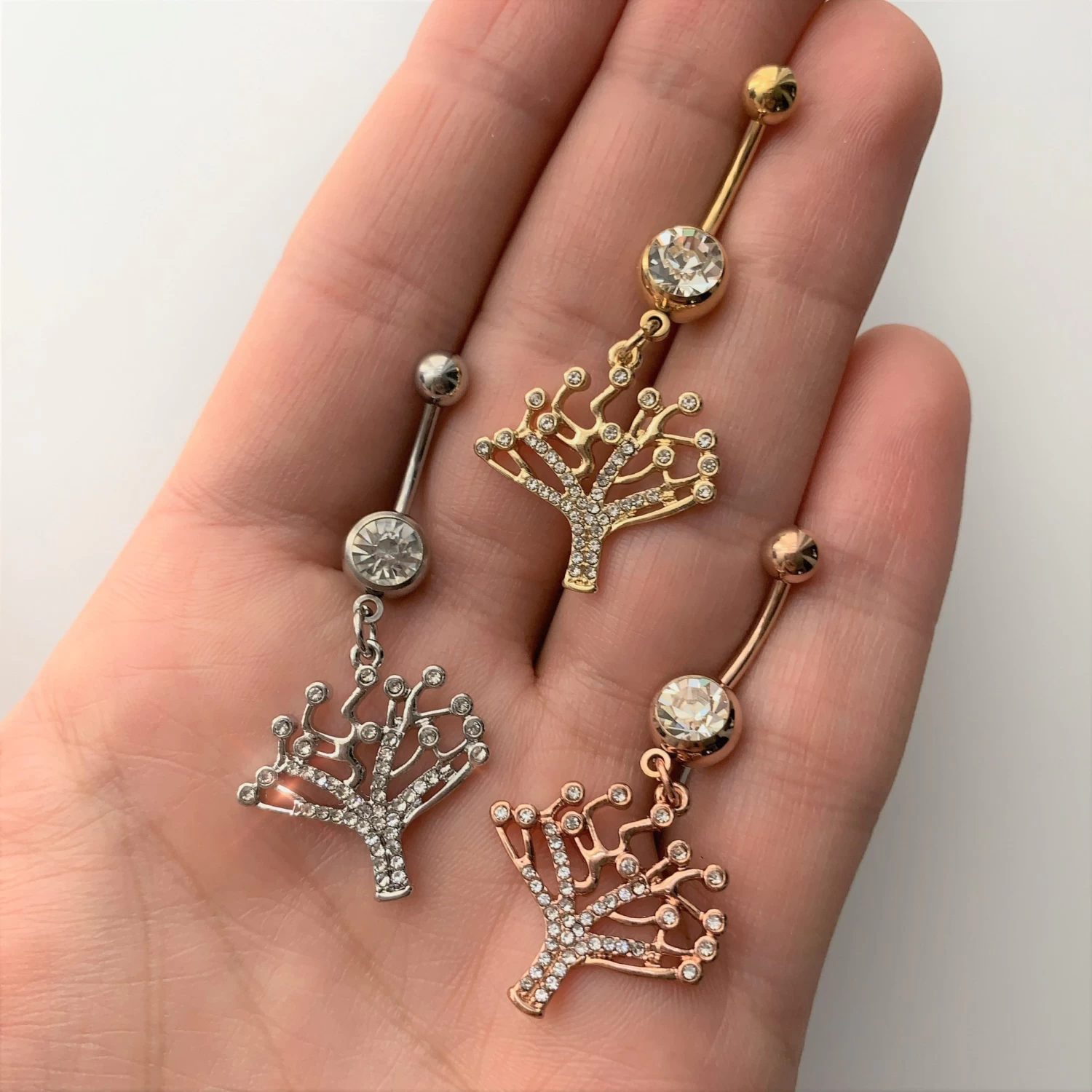 Clear CZ Gem Rose Gold Tone Angular Tree Of Life Dangle Belly Ring 2 Clear CZ Gem Rose Gold Tone Angular Tree Of Life Dangle Belly Ring - Image 2