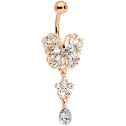 Gaby Clear Gem Rose Gold Hue Lacy Butterfly Flower Drop Dangle Belly Ring