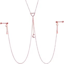 Gaby 14 Gauge 5/8 Clear Gem Rose Gold Hue Star Moon Nipple Chain Necklace