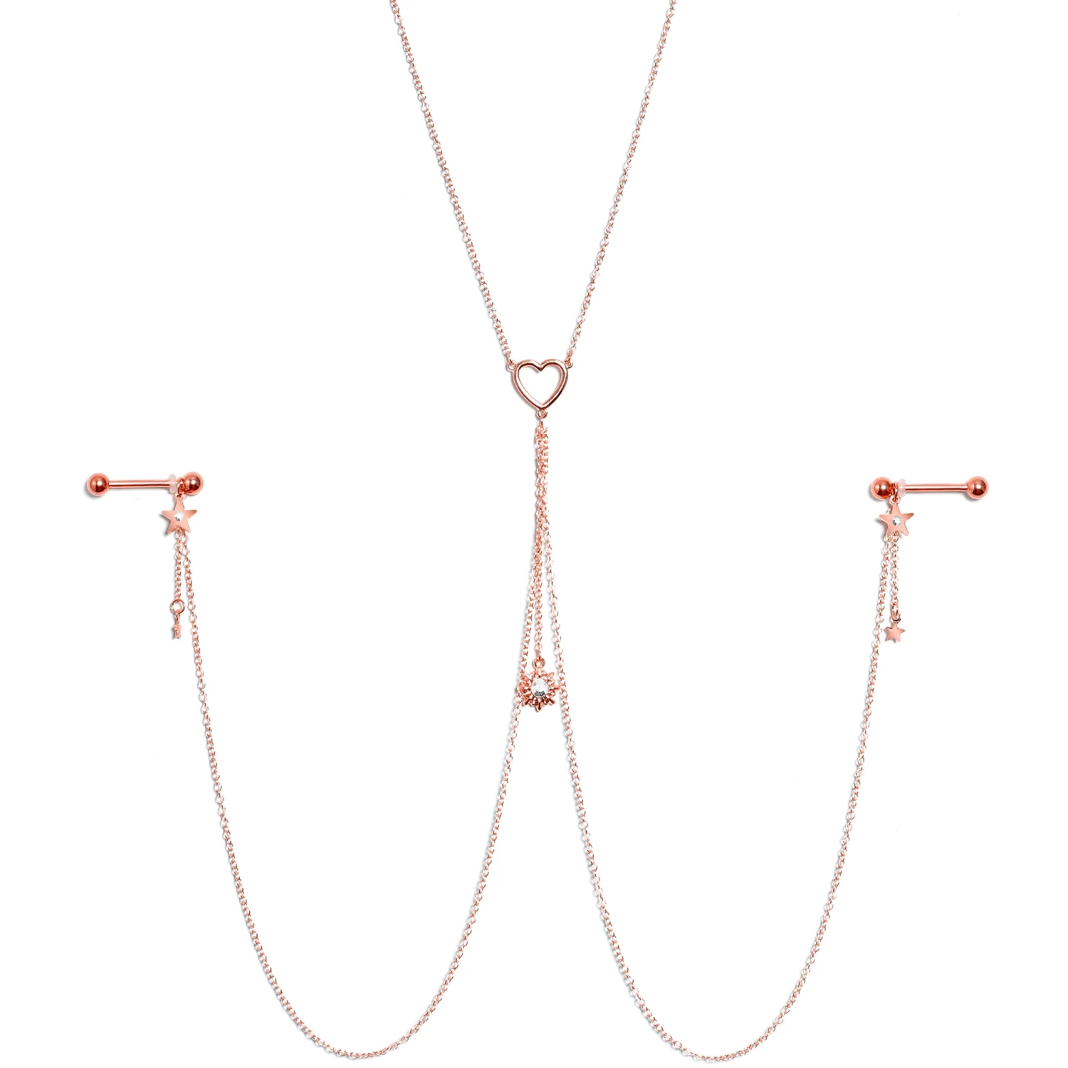 Gaby 14 Gauge 5/8 Clear Gem Rose Gold Hue Star Sun Nipple Chain Necklace 1 Gaby 14 Gauge 5/8 Clear Gem Rose Gold Hue Star Sun Nipple Chain Necklace