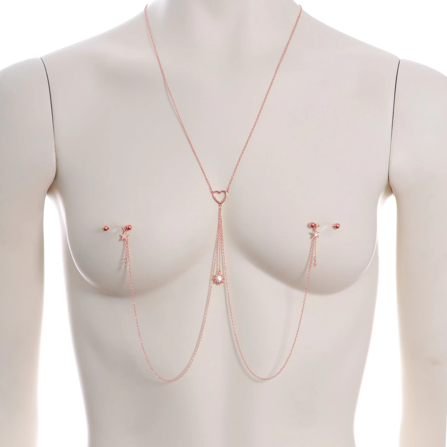 Gaby 14 Gauge 5/8 Clear Gem Rose Gold Hue Star Sun Nipple Chain Necklace 2 Gaby 14 Gauge 5/8 Clear Gem Rose Gold Hue Star Sun Nipple Chain Necklace - Image 2