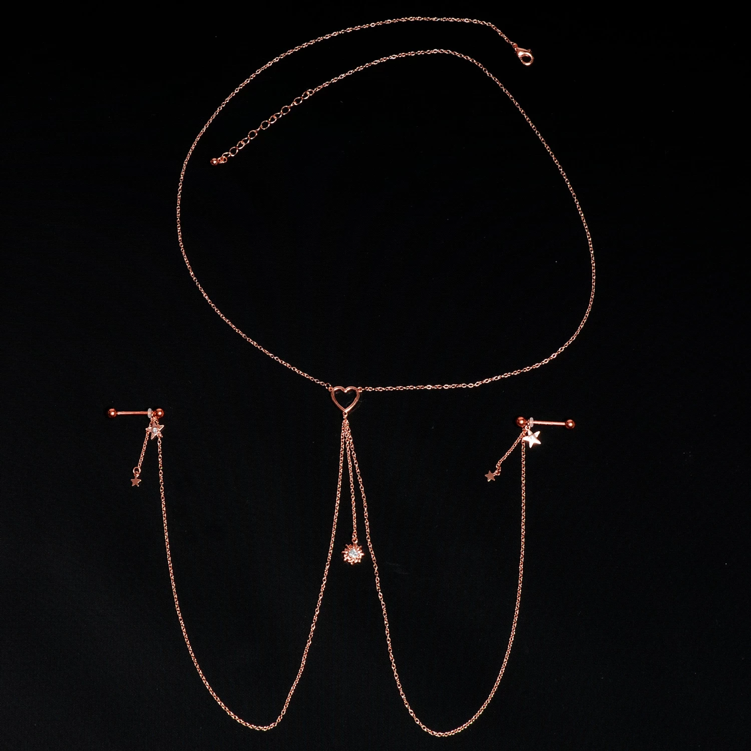 Gaby 14 Gauge 5/8 Clear Gem Rose Gold Hue Star Sun Nipple Chain Necklace 3 Gaby 14 Gauge 5/8 Clear Gem Rose Gold Hue Star Sun Nipple Chain Necklace - Image 3