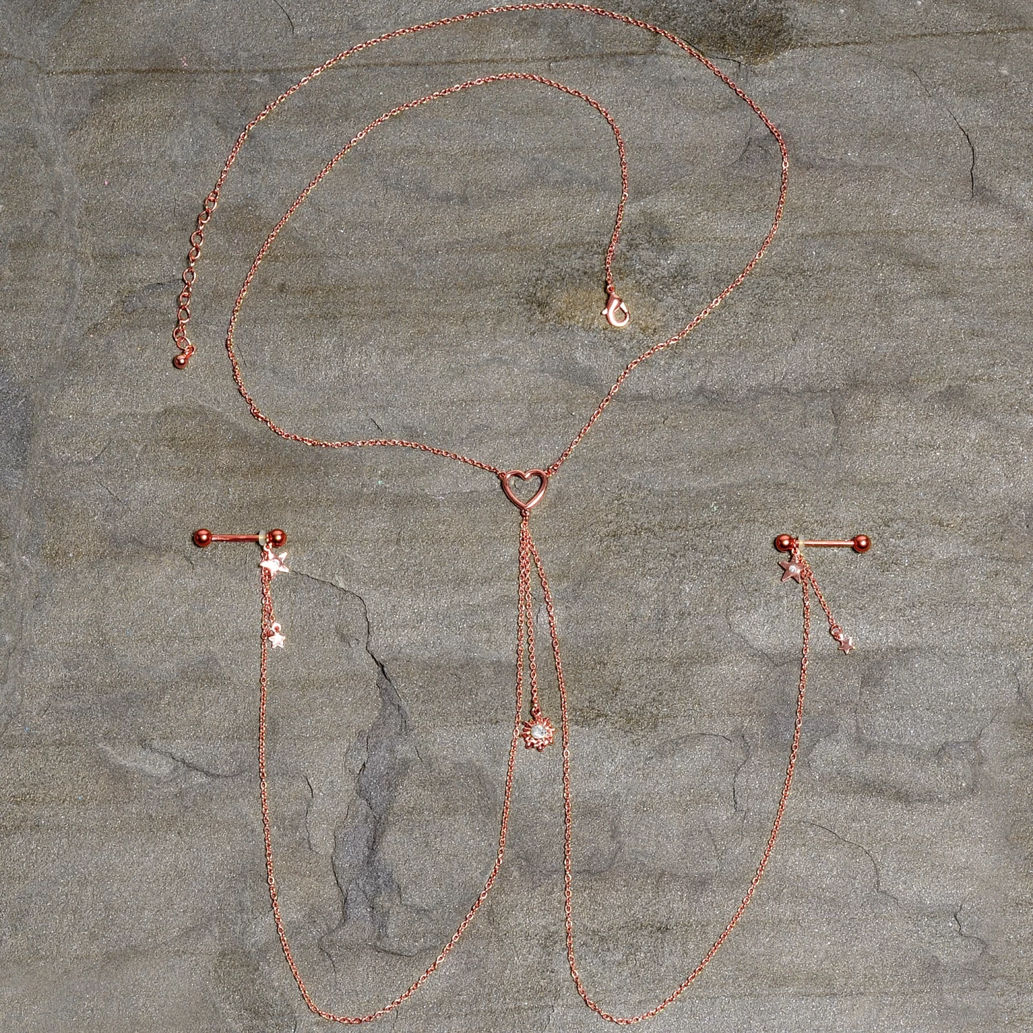 Gaby 14 Gauge 5/8 Clear Gem Rose Gold Hue Star Sun Nipple Chain Necklace 4 Gaby 14 Gauge 5/8 Clear Gem Rose Gold Hue Star Sun Nipple Chain Necklace - Image 4