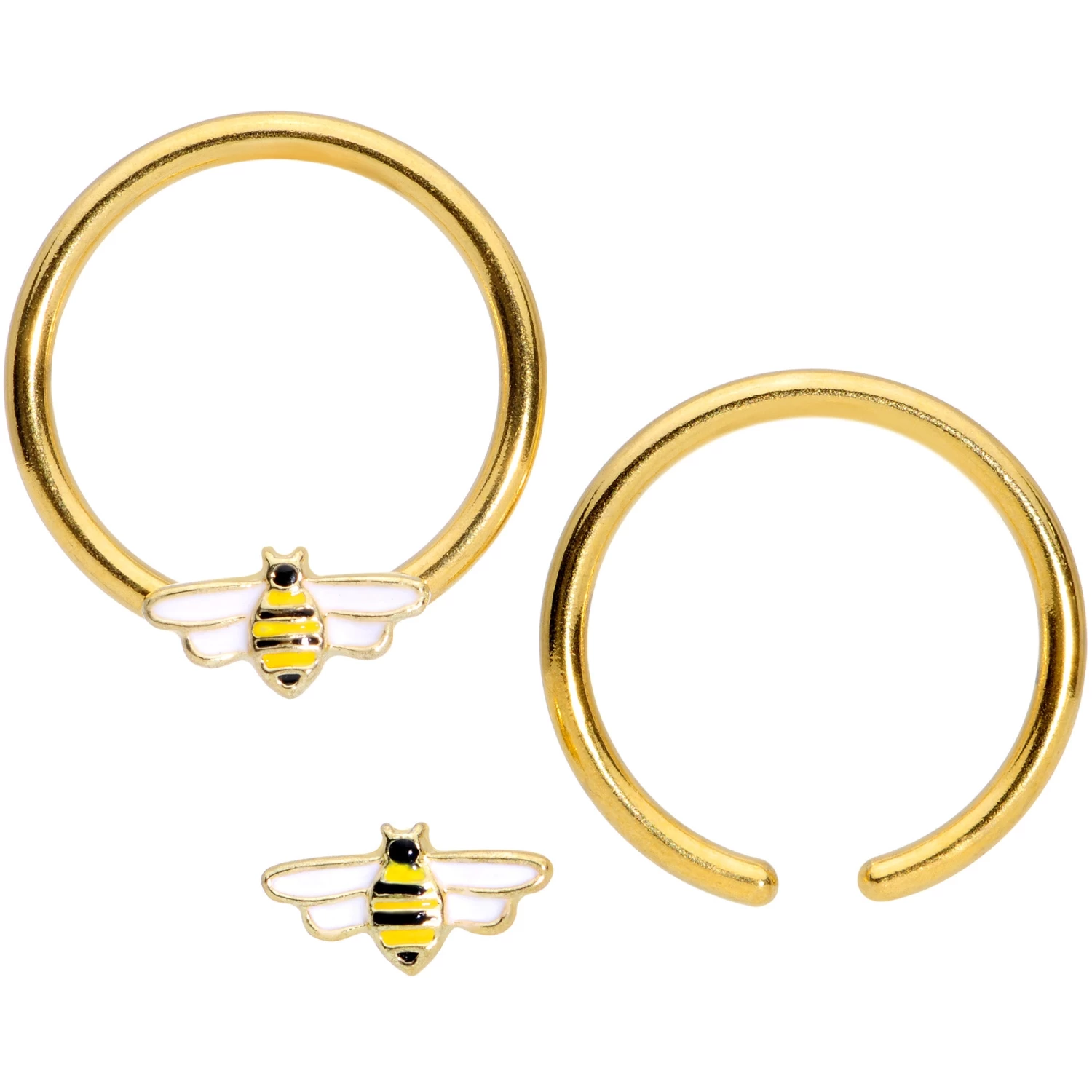 14 Gauge 9/16 Gold Tone Black White Bee BCR Captive Nipple Ring Set 2 14 Gauge 9/16 Gold Tone Black White Bee BCR Captive Nipple Ring Set - Image 2