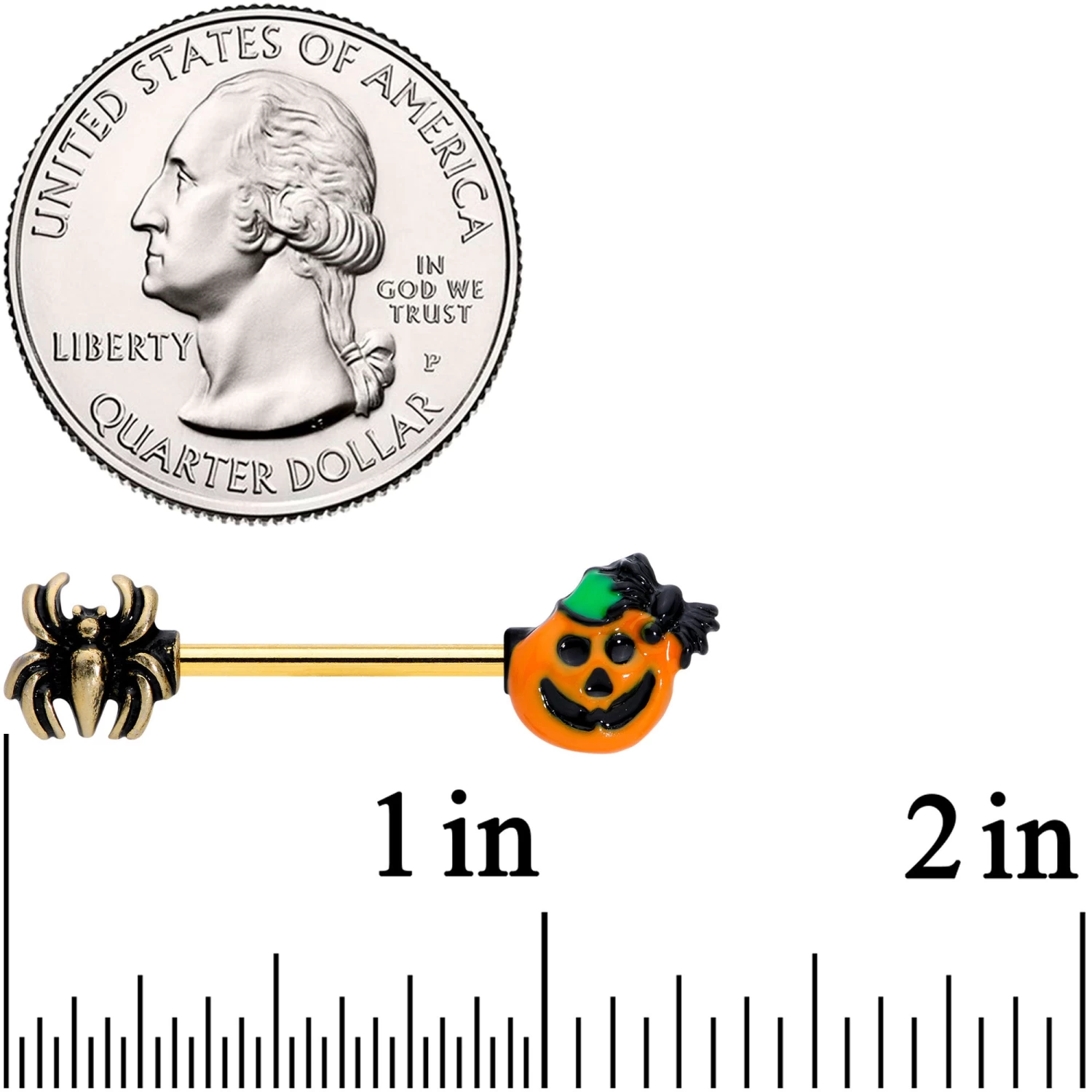 14 Gauge 5/8 Gold Tone Spider Pumpkin Halloween Barbell Nipple Set 2 14 Gauge 5/8 Gold Tone Spider Pumpkin Halloween Barbell Nipple Set - Image 2