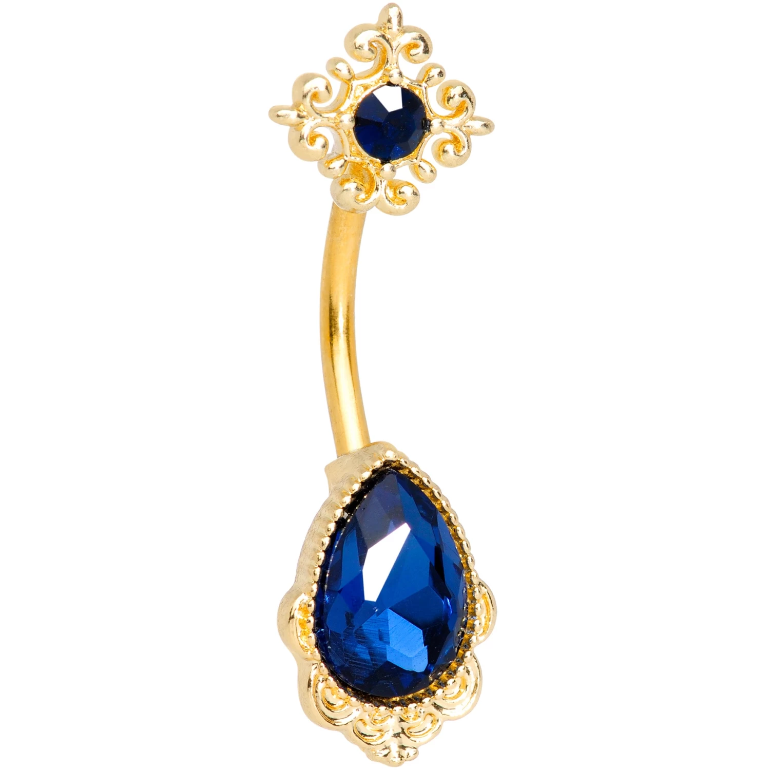 Blue Gem Gold Tone Noble Drop Double Mount Belly Ring 1 Blue Gem Gold Tone Noble Drop Double Mount Belly Ring