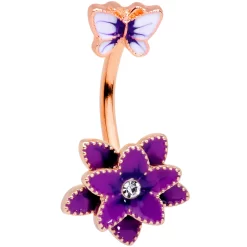 Gaby Clear Gem Rose Gold Purple Flower Butterfly Double Mount Belly Ring