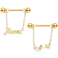 Gaby 14 Gauge 1/2 Gold Tone Love Forever Chain Dangle Nipple Ring Set