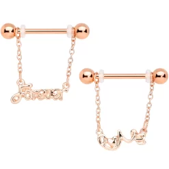 Gaby 14 Gauge 1/2 Rose Gold Tone Love Forever Chain Dangle Nipple Ring Set