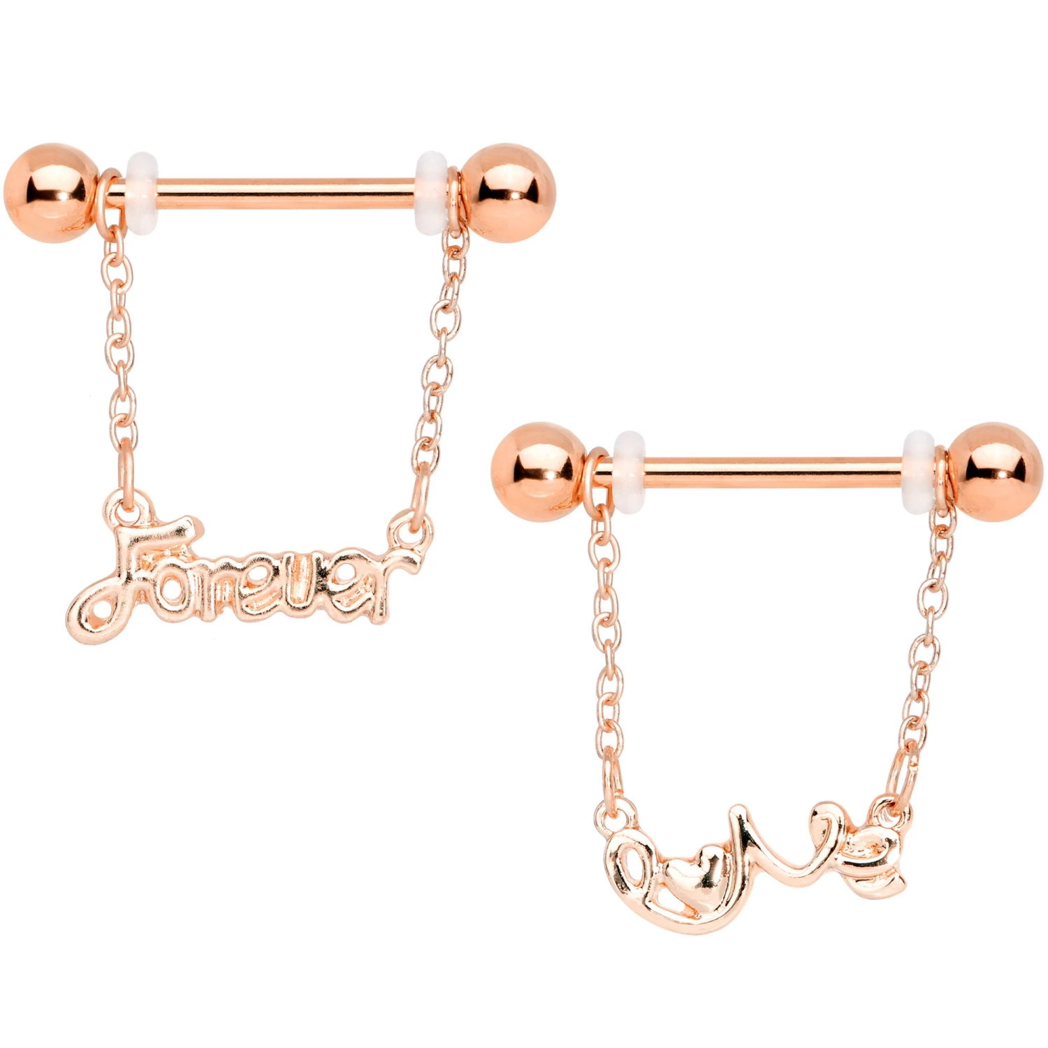 Gaby 14 Gauge 1/2 Rose Gold Tone Love Forever Chain Dangle Nipple Ring Set 1 Gaby 14 Gauge 1/2 Rose Gold Tone Love Forever Chain Dangle Nipple Ring Set