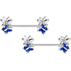 Gaby 14 Gauge 1/2 Dark Blue CZ Gem Butterfly Barbell Nipple Ring Set