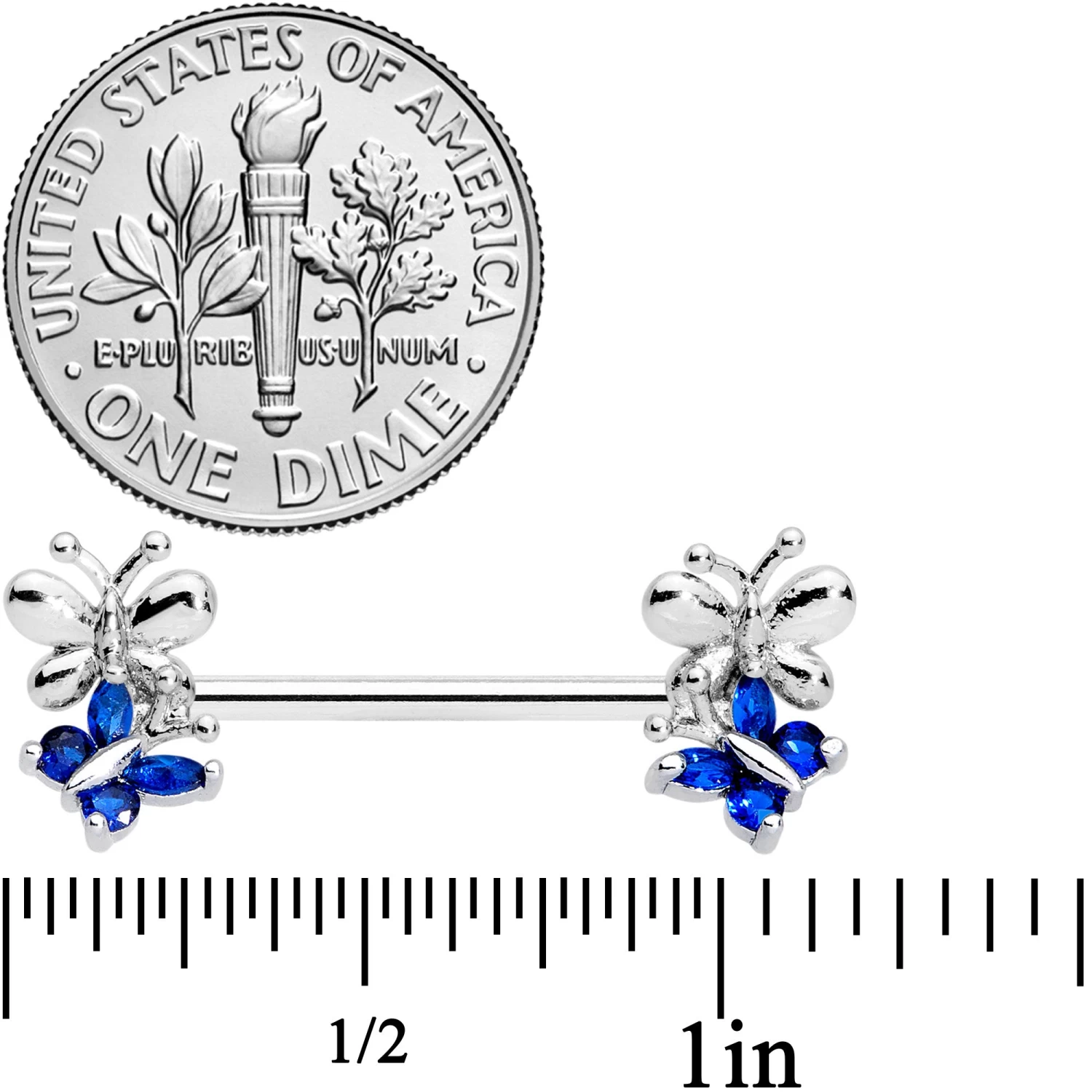 Gaby 14 Gauge 1/2 Dark Blue CZ Gem Butterfly Barbell Nipple Ring Set 2 Gaby 14 Gauge 1/2 Dark Blue CZ Gem Butterfly Barbell Nipple Ring Set - Image 2