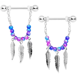 Gaby 14 Gauge 1/2 Blue Purple Bead Feather Dangle Nipple Ring Set