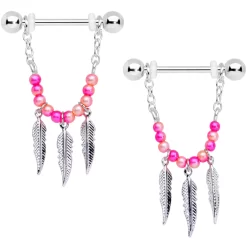 Gaby 14 Gauge 1/2 Pink Peach Bead Feather Dangle Nipple Ring Set