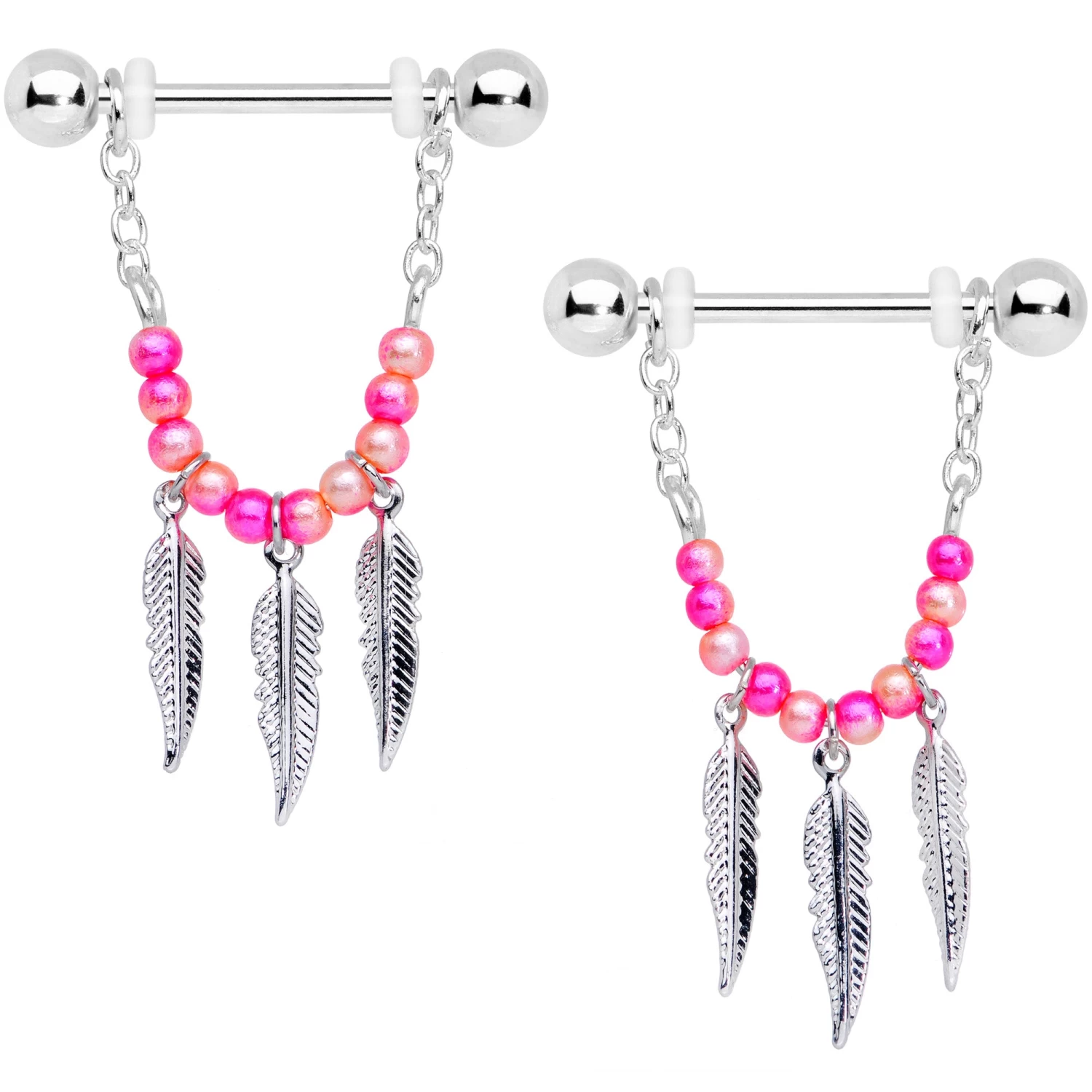 Gaby 14 Gauge 1/2 Pink Peach Bead Feather Dangle Nipple Ring Set 1 Gaby 14 Gauge 1/2 Pink Peach Bead Feather Dangle Nipple Ring Set