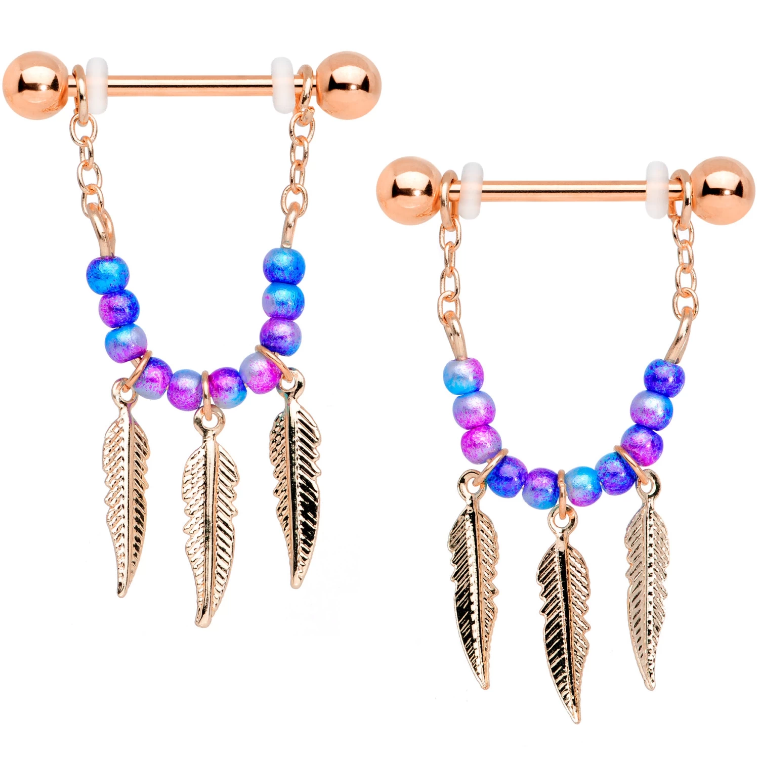 Gaby 14 Gauge 1/2 Rose Gold Tone Blue Pink Bead Feather Dangle Nipple Set 1 Gaby 14 Gauge 1/2 Rose Gold Tone Blue Pink Bead Feather Dangle Nipple Set