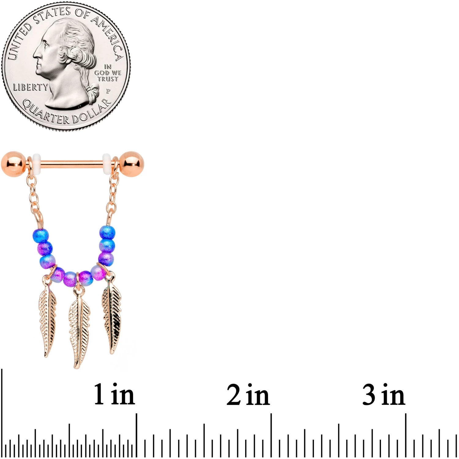 Gaby 14 Gauge 1/2 Rose Gold Tone Blue Pink Bead Feather Dangle Nipple Set 2 Gaby 14 Gauge 1/2 Rose Gold Tone Blue Pink Bead Feather Dangle Nipple Set - Image 2