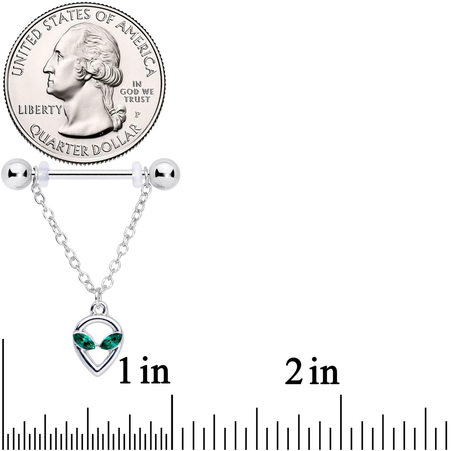 Gaby 14 Gauge 1/2 Green Gem UFO Space Alien Dangle Nipple Ring Set 2 Gaby 14 Gauge 1/2 Green Gem UFO Space Alien Dangle Nipple Ring Set - Image 2