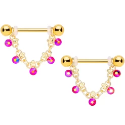Gaby 14 Gauge 3/4 Aurora Gem Gold Tone Chain Dangle Nipple Ring Set