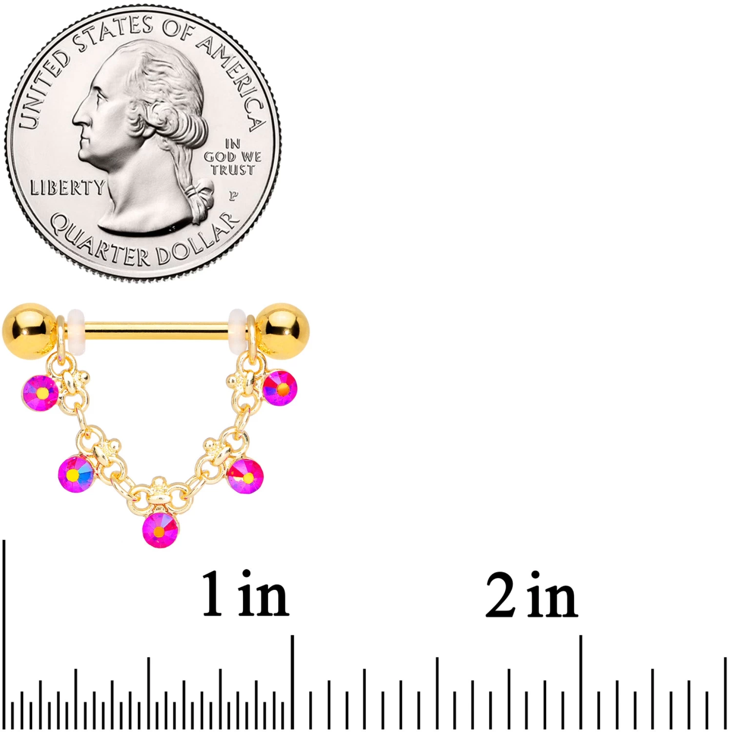 Gaby 14 Gauge 3/4 Aurora Gem Gold Tone Chain Dangle Nipple Ring Set 2 Gaby 14 Gauge 3/4 Aurora Gem Gold Tone Chain Dangle Nipple Ring Set - Image 2