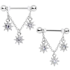 Gaby 14 Gauge 1/2 Clear Gem Trio Stars Chain Dangle Nipple Ring Set