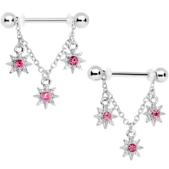 Gaby 14 Gauge 1/2 Pink Gem Trio Stars Chain Dangle Nipple Ring Set