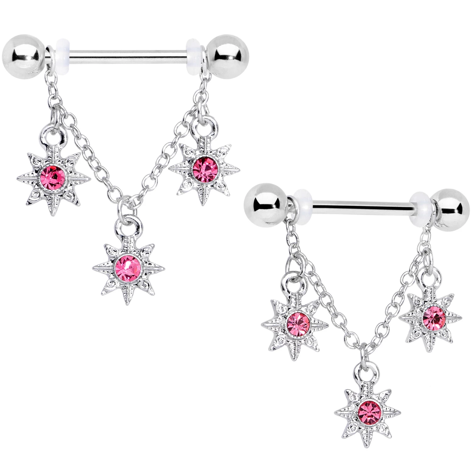 Gaby 14 Gauge 1/2 Pink Gem Trio Stars Chain Dangle Nipple Ring Set 1 Gaby 14 Gauge 1/2 Pink Gem Trio Stars Chain Dangle Nipple Ring Set