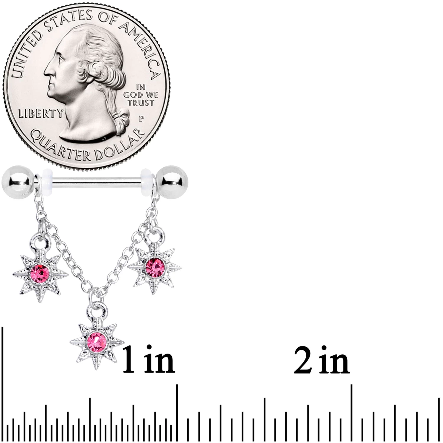 Gaby 14 Gauge 1/2 Pink Gem Trio Stars Chain Dangle Nipple Ring Set 2 Gaby 14 Gauge 1/2 Pink Gem Trio Stars Chain Dangle Nipple Ring Set - Image 2