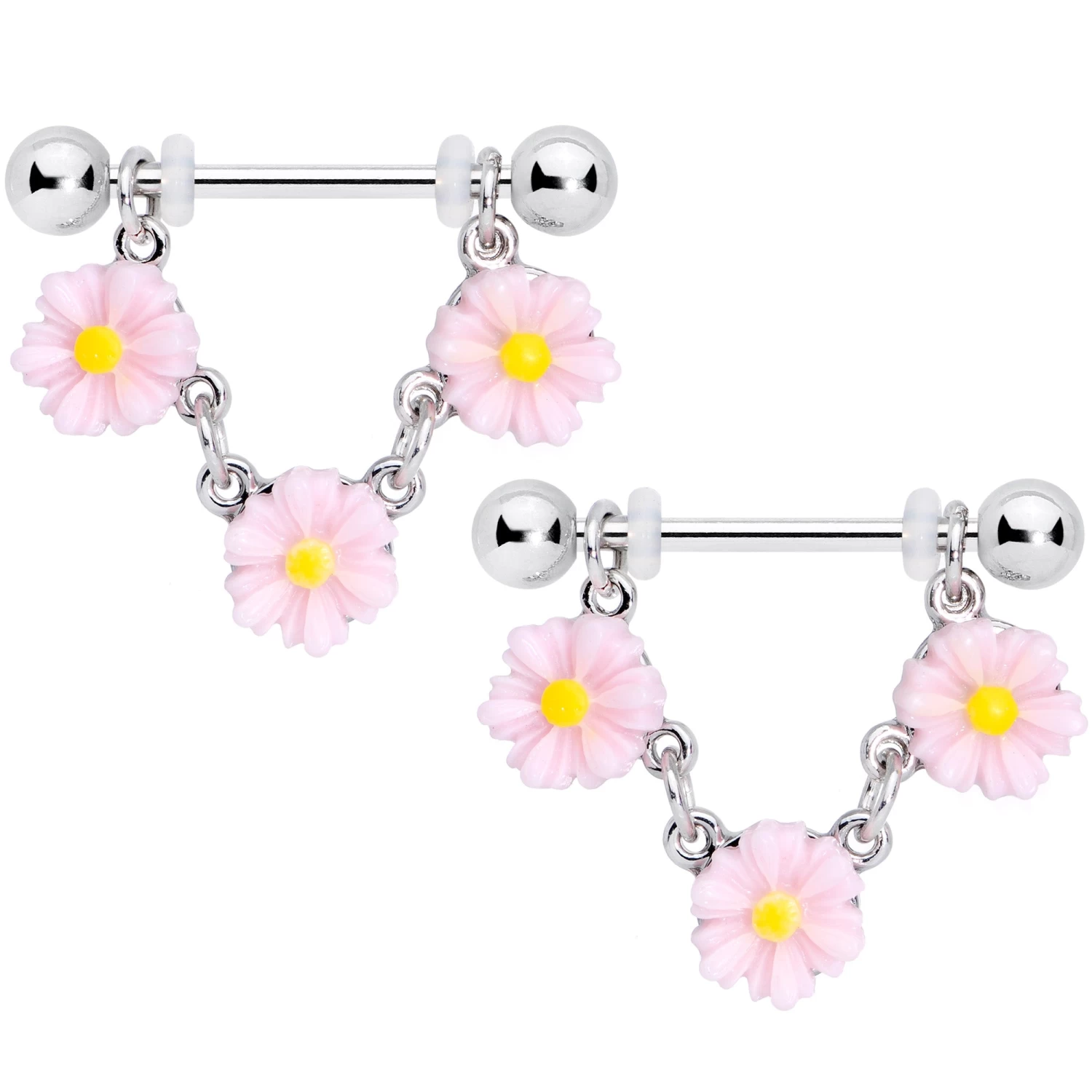 Gaby 14 Gauge 18mm Pink Yellow Flower Cluster Chain Dangle Nipple Ring Set 1 Gaby 14 Gauge 18mm Pink Yellow Flower Cluster Chain Dangle Nipple Ring Set