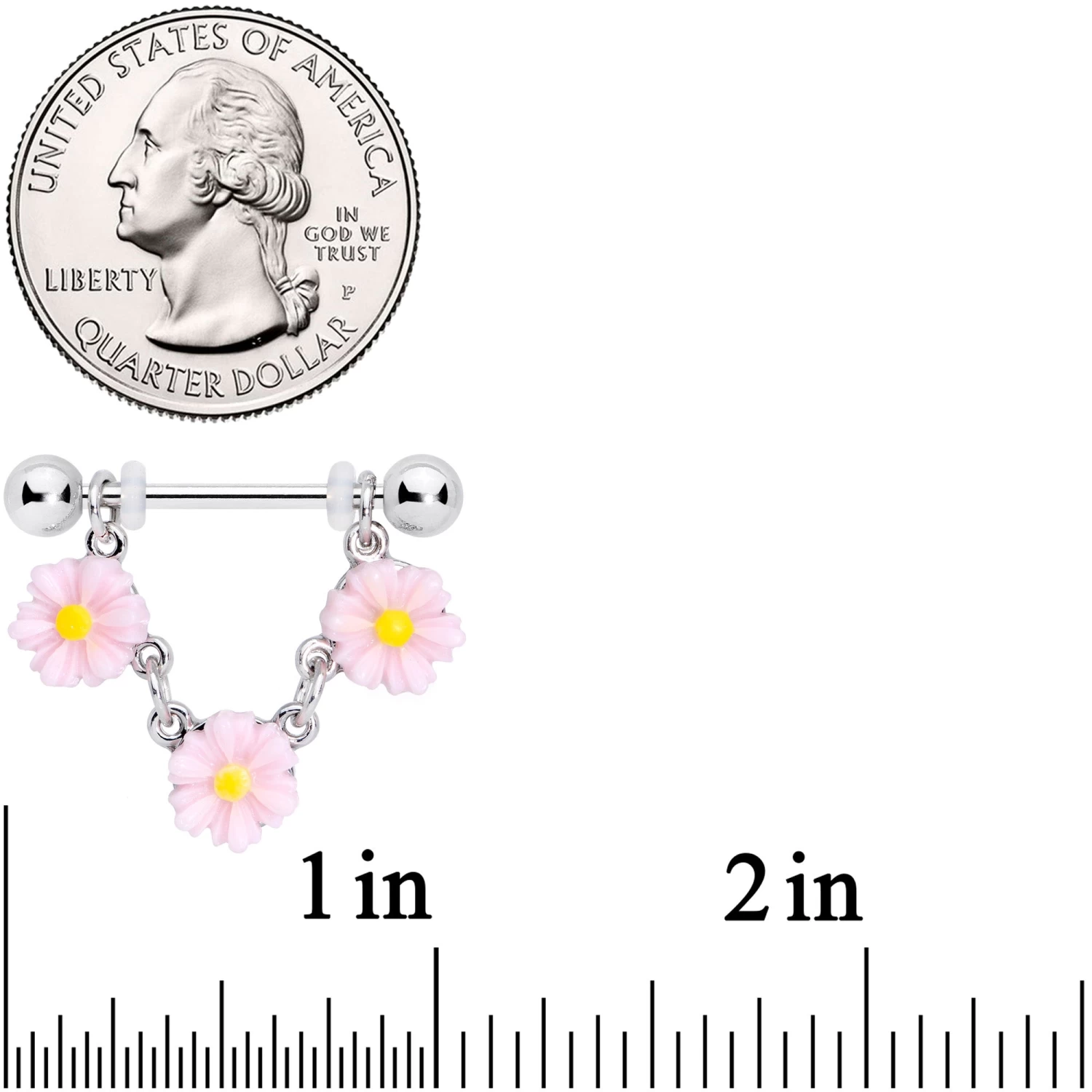 Gaby 14 Gauge 18mm Pink Yellow Flower Cluster Chain Dangle Nipple Ring Set 2 Gaby 14 Gauge 18mm Pink Yellow Flower Cluster Chain Dangle Nipple Ring Set - Image 2