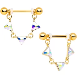 Gaby 14 Gauge 3/4 Aurora Gem Gold Tone Triangle Dangle Nipple Ring Set
