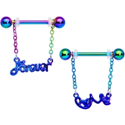 Gaby 14 Gauge 18mm Rainbow Love Forever Chain Dangle Nipple Ring Set