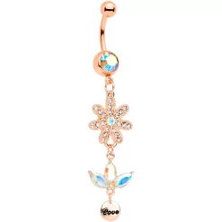 Gaby Aurora Gem Rose Gold Tone Flower Leaves Love Dangle Belly Ring
