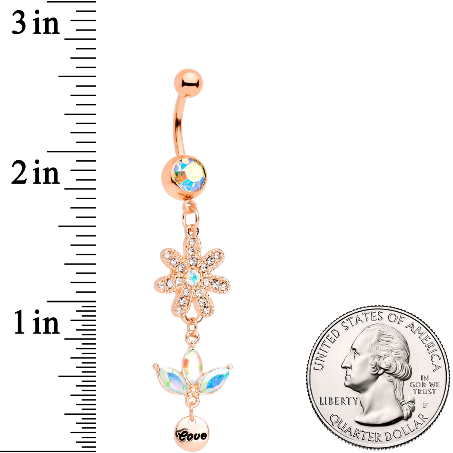 Gaby Aurora Gem Rose Gold Tone Flower Leaves Love Dangle Belly Ring 2 Gaby Aurora Gem Rose Gold Tone Flower Leaves Love Dangle Belly Ring - Image 2