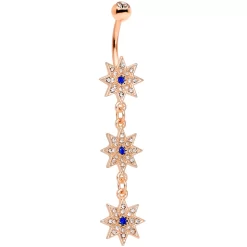 Gaby Clear Blue Gem Rose Gold Tone Triple Star Dangle Belly Ring