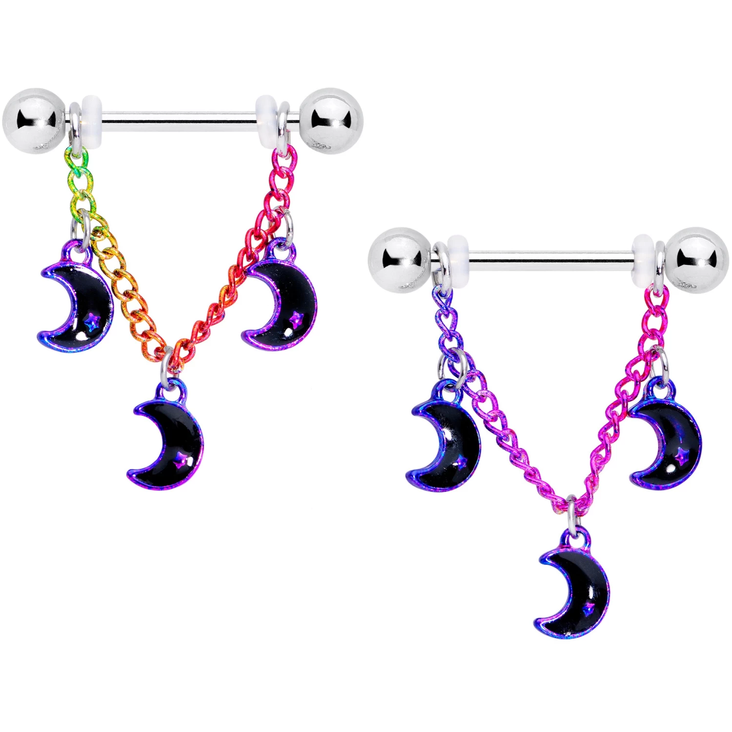 Gaby 14 Gauge 11/16 Rainbow Triple Crescent Moon Dangle Nipple Ring Set 1 Gaby 14 Gauge 11/16 Rainbow Triple Crescent Moon Dangle Nipple Ring Set