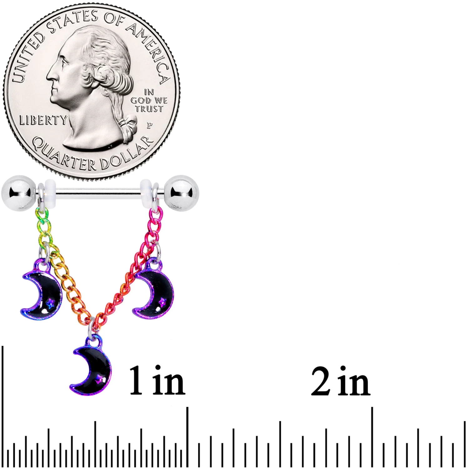 Gaby 14 Gauge 11/16 Rainbow Triple Crescent Moon Dangle Nipple Ring Set 2 Gaby 14 Gauge 11/16 Rainbow Triple Crescent Moon Dangle Nipple Ring Set - Image 2