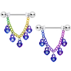 Gaby 14 Gauge 11/16 Clear Gem Rainbow Padlock Heart Dangle Nipple Ring Set