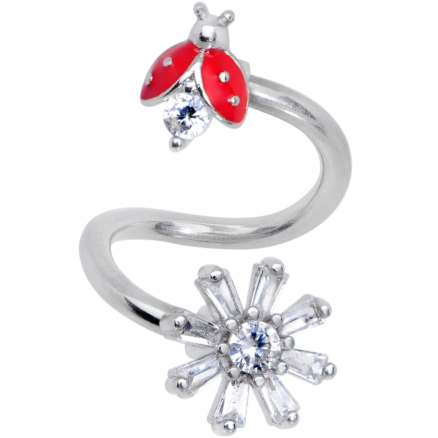 Gaby Clear CZ Gem Red Ladybug Flower Spiral Twister Belly Ring 1 Gaby Clear CZ Gem Red Ladybug Flower Spiral Twister Belly Ring