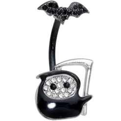 Clear Gem Black Bat Grim Reaper Halloween Double Mount Belly Ring