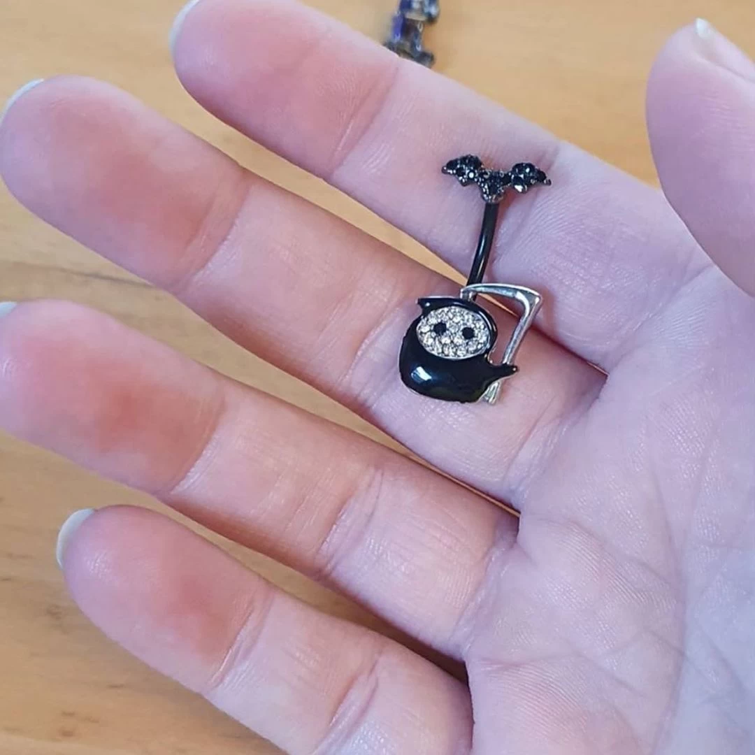 Clear Gem Black Bat Grim Reaper Halloween Double Mount Belly Ring 2 Clear Gem Black Bat Grim Reaper Halloween Double Mount Belly Ring - Image 2