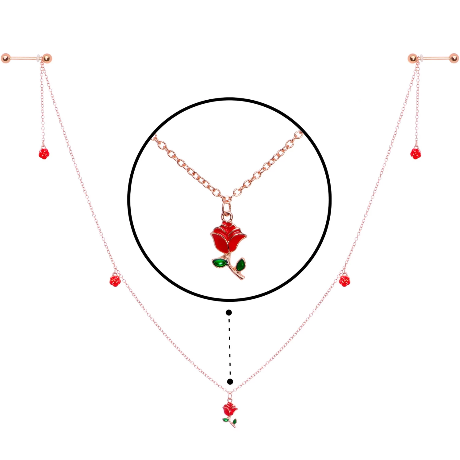 Gaby 14 Gauge 9/16 Gold Tone Red Flower Valentine Dangle Nipple Chain 3 Gaby 14 Gauge 9/16 Gold Tone Red Flower Valentine Dangle Nipple Chain - Image 3