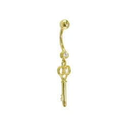 Solid 14KT Yellow Gold Cubic Zirconia SKELETON KEY Belly Ring.