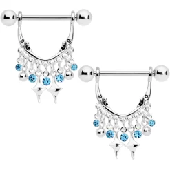 Gaby 14 Gauge 5/8 Aqua Gem Moons Dangle Nipple Ring Set