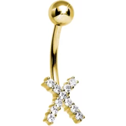 Solid 14KT Yellow Gold Cubic Zirconia X-SPOT Belly Ring