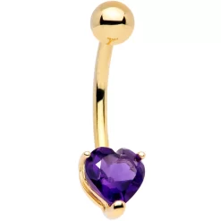 Solid 14KT Yellow Gold GENUINE Light AMETHYST Heart Solitaire Belly Ring