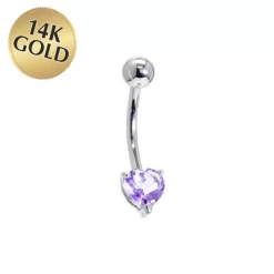 Solid 14KT White Gold Genuine Light Amethyst Heart Solitaire Belly Ring