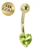 Solid 14KT Yellow Gold Genuine Peridot Heart Solitaire Belly Ring