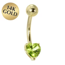 Solid 14KT Yellow Gold Genuine Peridot Heart Solitaire Belly Ring
