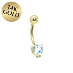 Solid 14KT Yellow Gold Genuine Blue Topaz Heart Solitaire Belly Ring